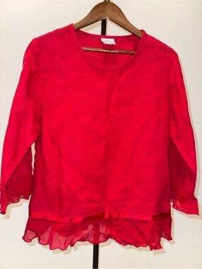Vintage Donna Red 100% Linen Ruffle Satin Trim Blouse Made in USA | Size Small